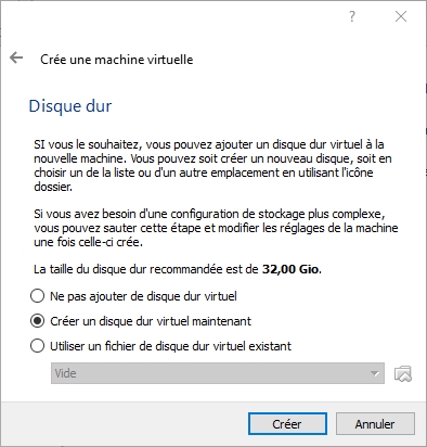 Disque virtuel machine virtuelle Win 10